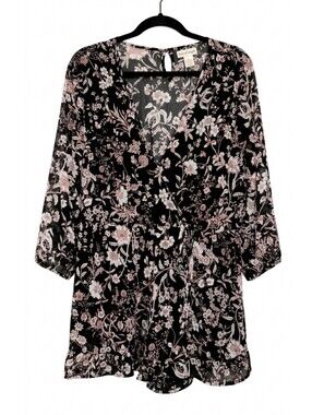 Band Of Gypsies Sheer Floral Romper Tie Wrap Ruffled Womens Size Large Black